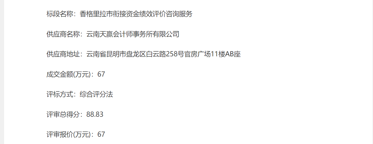 香格里拉市衔接资金绩效评价咨询服务成交公告